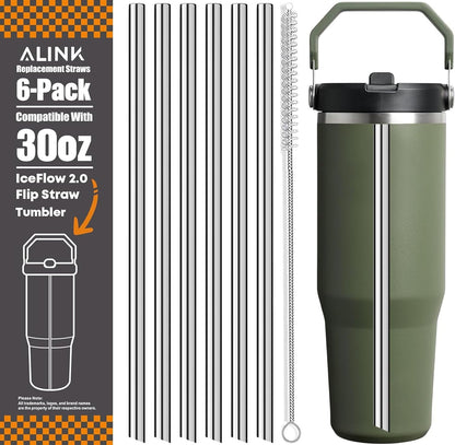 ALINK Stainless Steel Straws Compatible with Stanley Iceflow 30oz Flip Tumbler, 6 Pack Reusable Metal Straws for Stanley Ice Flow 30oz Cup Lid Only, Plus Straw Brush