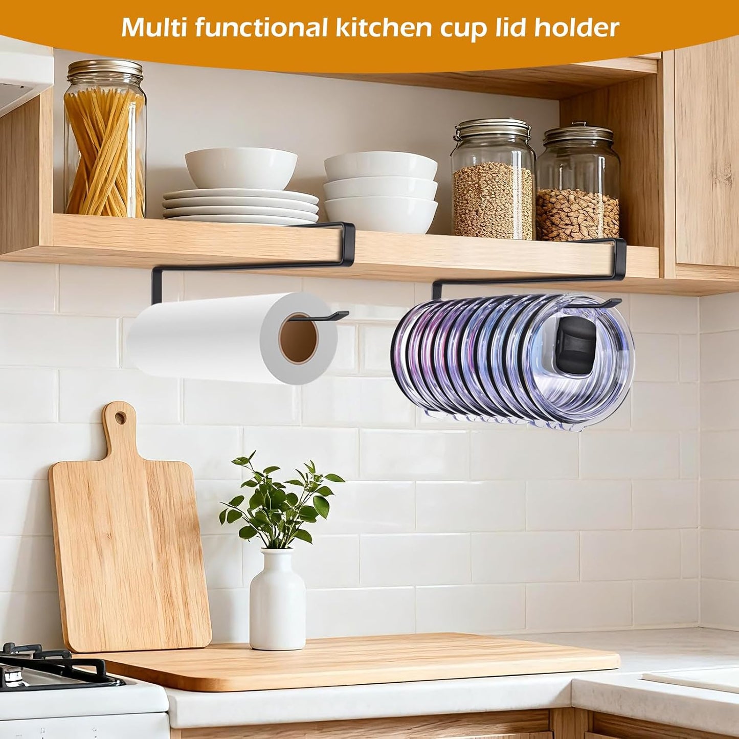 LWGFIO 2Pack Tumbler Lid Organizer, Kitchen Space-Saving Cup Holder, Organizers for Under Cabinet Storage, No Glue or Drilling Required (Black)