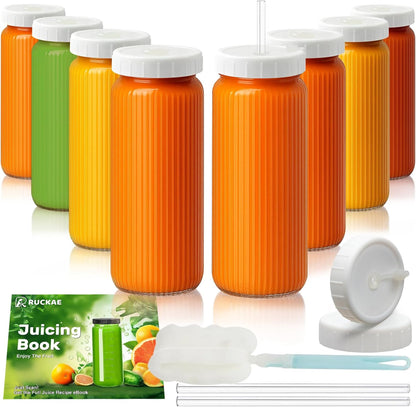 Ruckae 16oz 10 Pack Juice Bottles, Glass Bottles with Lids, Smoothie Cup Lids and Straws, Water Bottle Mason Jar Drinking Glasses for Juicing, Smoothies, Kombucha