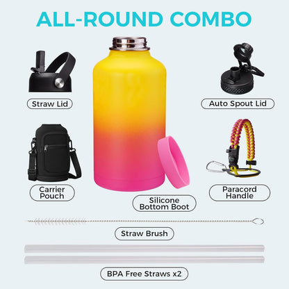 32/40/64OZ Insulated Water Bottle - Keep Cold 48H Hot 24H, Combo Straw/Spout Lids, Paracord Handle for Gym/Hiking, Carrier Bag +Strap, Cup Mat, BPA-Free Stainless Steel Flask Jug