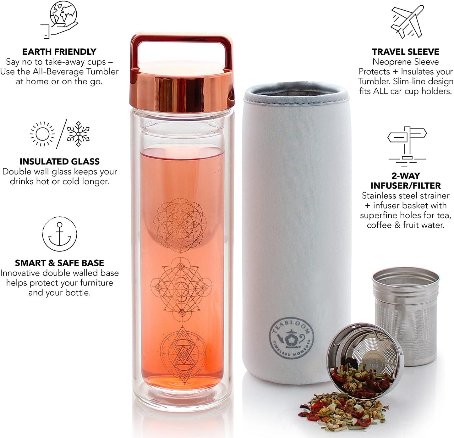 Teabloom All-Purpose Beverage Tumbler – 15 oz / 450 ml Insulated Glass Bottle – Tea, Coffee, Fruit Infused Water – All-Temperature Travel Mug – Stainless Steel Infuser Basket – The Wayfarer Tumbler
