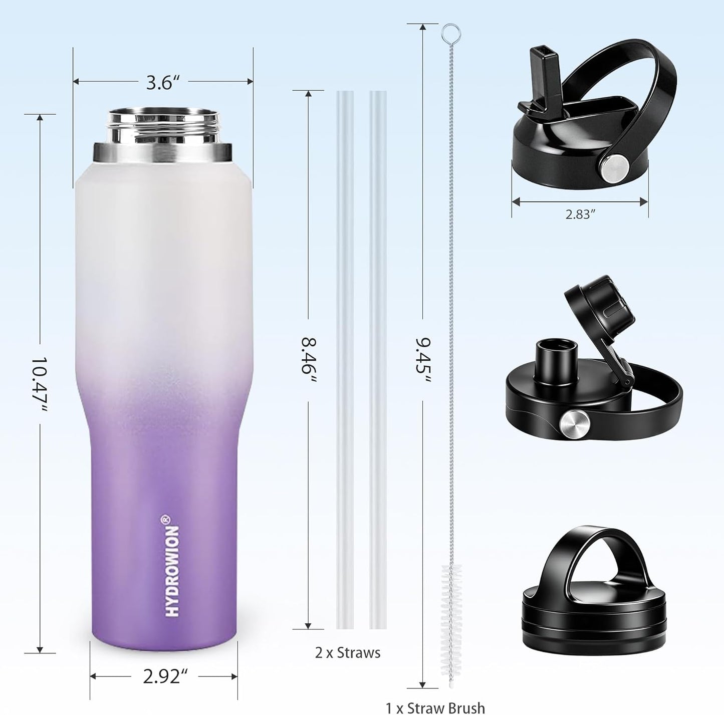 HYDROWION 32oz Stainless Steel Water Bottle(Cold for 48 Hrs, Hot for 24 Hrs),Double Wall Vacuum Insulated Water Bottle with Straw Lid, Spout Lid and Flex Cap, Fit in Any Car Cup Holder,Black