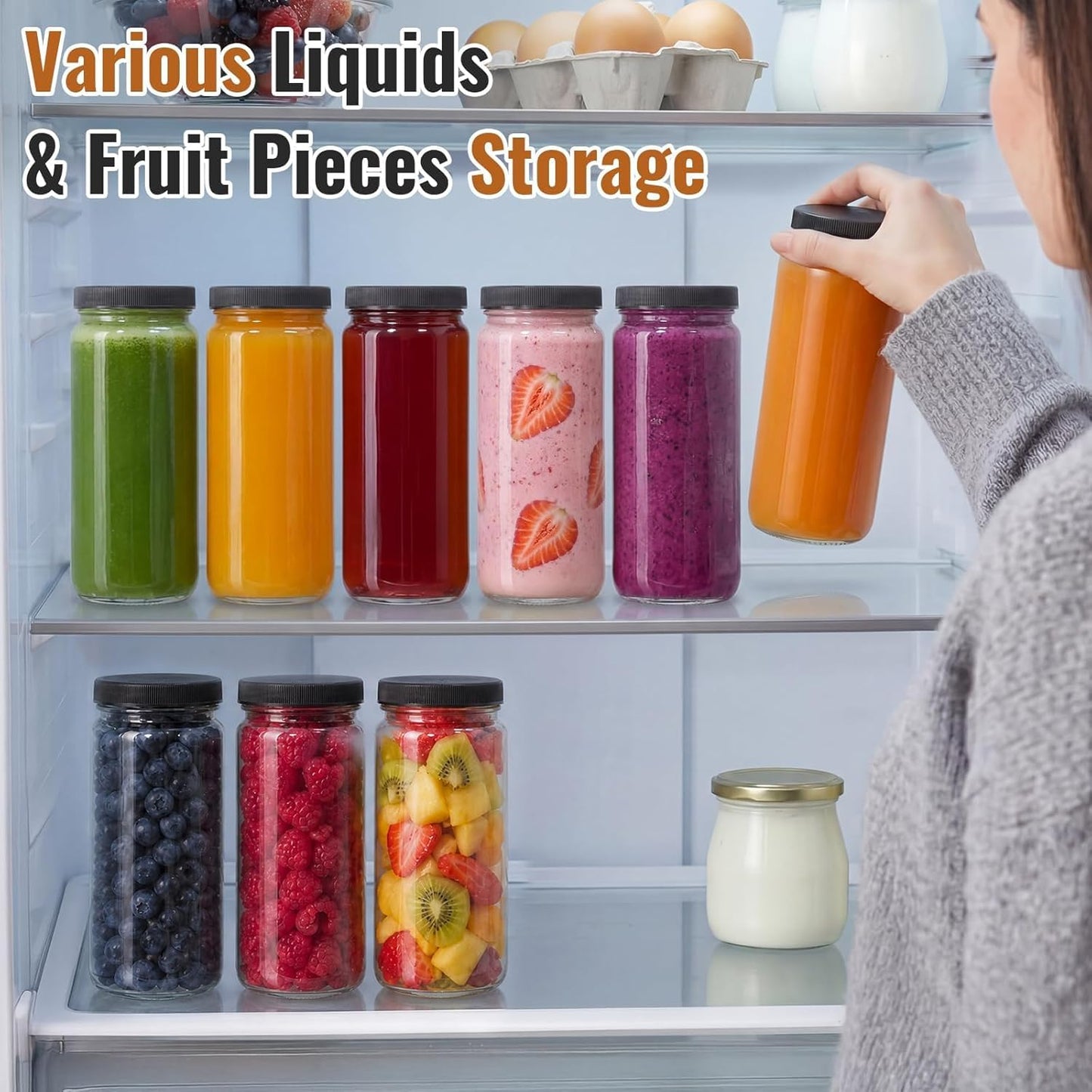8 Pack 16OZ Glass Juice Bottles with 8 Airtight Lids & 2 Straw Lids & 2 Straws - Freezable Juice Container, Travel Juicing Jars, Drinking Water Cups - Reusable Tall Mason Jar for Tea, Juice, Smoothies