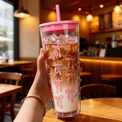 24oz Tumbler with Lid and Straw, Leak Proof and Double Wall Insulated Reusable Plastic Cups,Travel Reusable Iced Coffee Cup (1, Pink)
