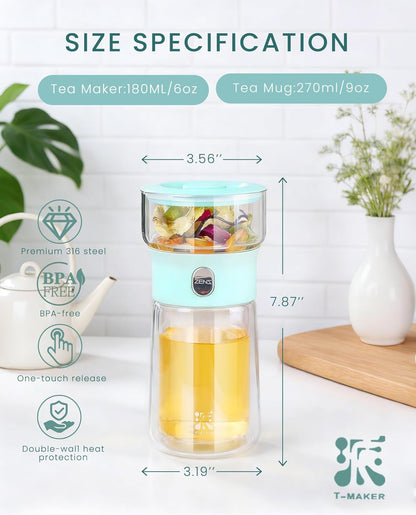 ZENS Modern Glass Infuser Teapot, One Touch Tea Maker for Loose Leaf Tea with Insulated Mug and Portable Case. Enchanted Pot Alternatives for Tea Lover Gifts