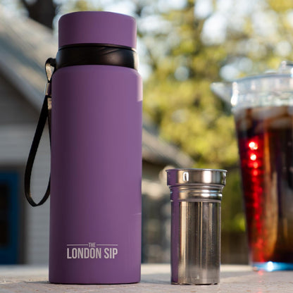 London Sip 25 oz Multi-Function Travel Mug and Tumbler Tea Infuser Water Bottle Fruit Infuser Flask Hot and Cold Double Wall Stainless Steel Coffee Thermos, Cosmic Silver