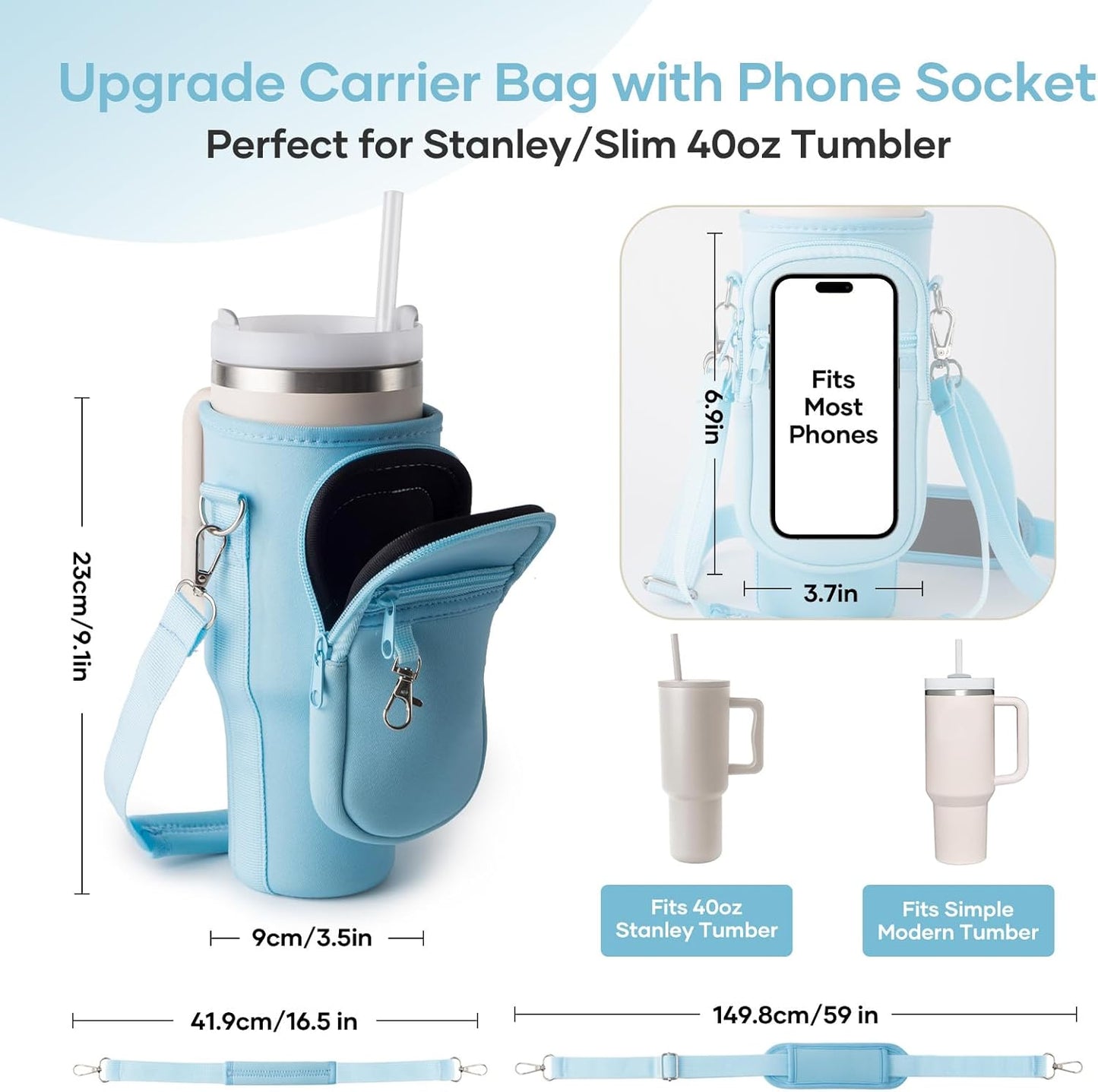 linmaya Water Bottle Carrier Bag for Stanley Cup 40/30oz with Phone Holder Pockets,Neoprene Water Bottle Cross-body Bag with Adjustable Shoulder & Hand Strap Stanley Cup Accessories