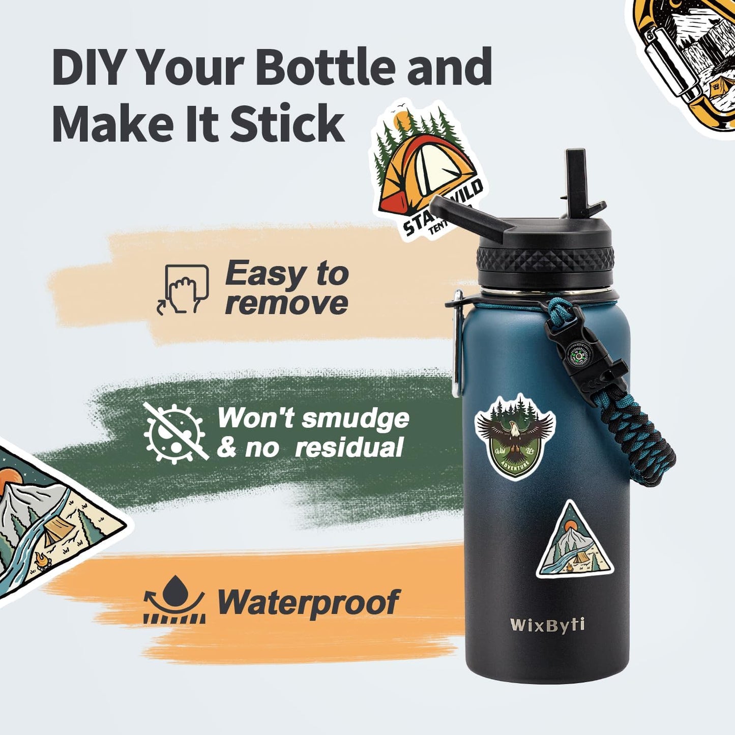 WixByti 40 oz Insulated Water Bottle with Straw (Cold for 36 Hrs), Stainless Steel Triple Wall Vacuum Sports Water Jug, Leakproof Hydro Cup Flask with Paracord Handle & Straw Spout Lids & DIY Stickers