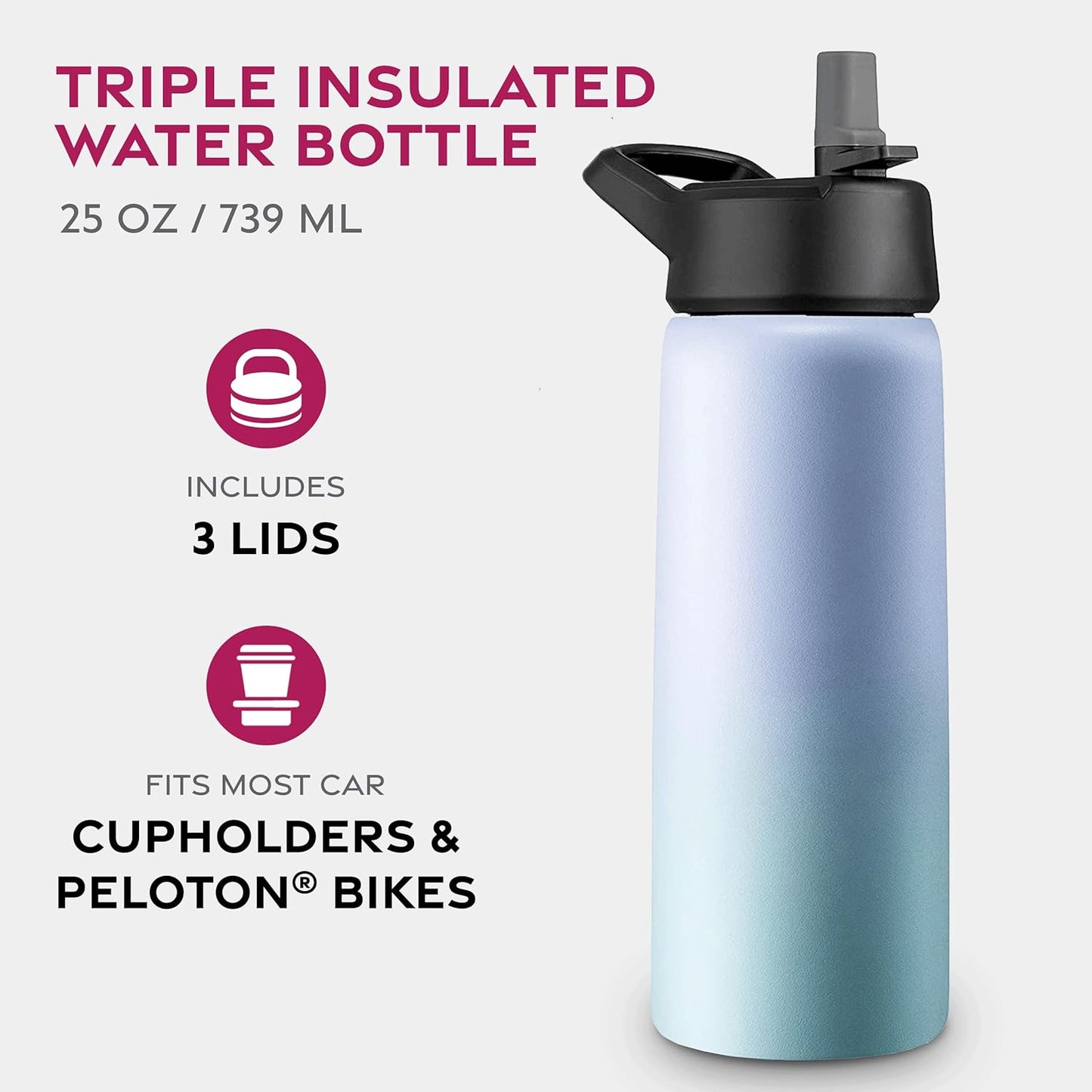 FineDine Water Bottle - Stainless Steel Insulated Water Bottle with Straw Lid, Flip Lid & Wide-Mouth Cap - Keeps Hot and Cold - 25 Oz / 739ml - Dreamy Purple