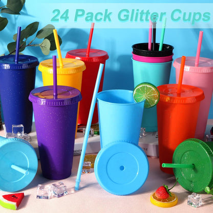 24 Pack Plastic Tumblers with Lids and Straw, Reusable Cups with Lids and Straws Colorful Cups for Cold Drink Iced Coffee, Plastic Tumbler Bulk for Party Birthday Gifts (24 oz, Stylish Colors)