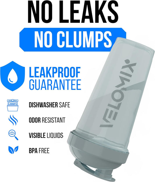 VELOMIX -6 PACK- 28 oz Protein Shaker Bottle for Protein Mixes -6x Wire Whisk | Leak Proof Shaker Cups for Protein Shakes | Large, Stackable Protein Shaker Bottle Pack