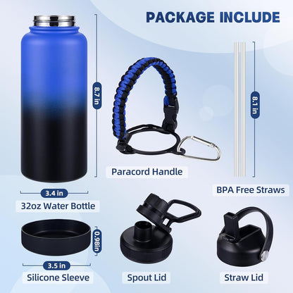Insulated Water Bottle, 32 oz Stainless Steel Wide Mouth Water Bottles with 2 Leak Proof Lid and Paracord Handle, Double Wall Vacuum Insulated Sports Water Bottle, Purple Black