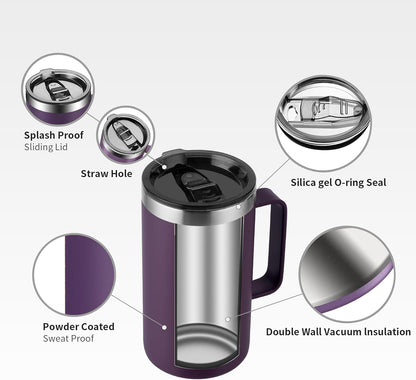 KXIAOCHEN 20oz Insulated Coffee Mug with Lid, Stainless Steel Coffee Cup, Double Wall Vacuum Coffee Tumbler with Handle, Premium Thermal Travel Coffee Mug (Navy Blue)