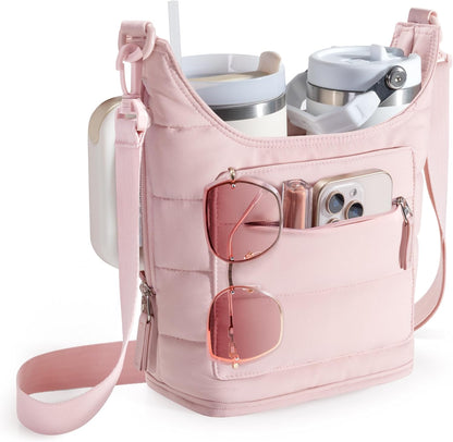 Water Bottle Holder with Strap for 2 Cups, Water Bottle Sling Bag with Phone Pocket, Tumbler Carrier Bag for Walking, Hiking, Camping