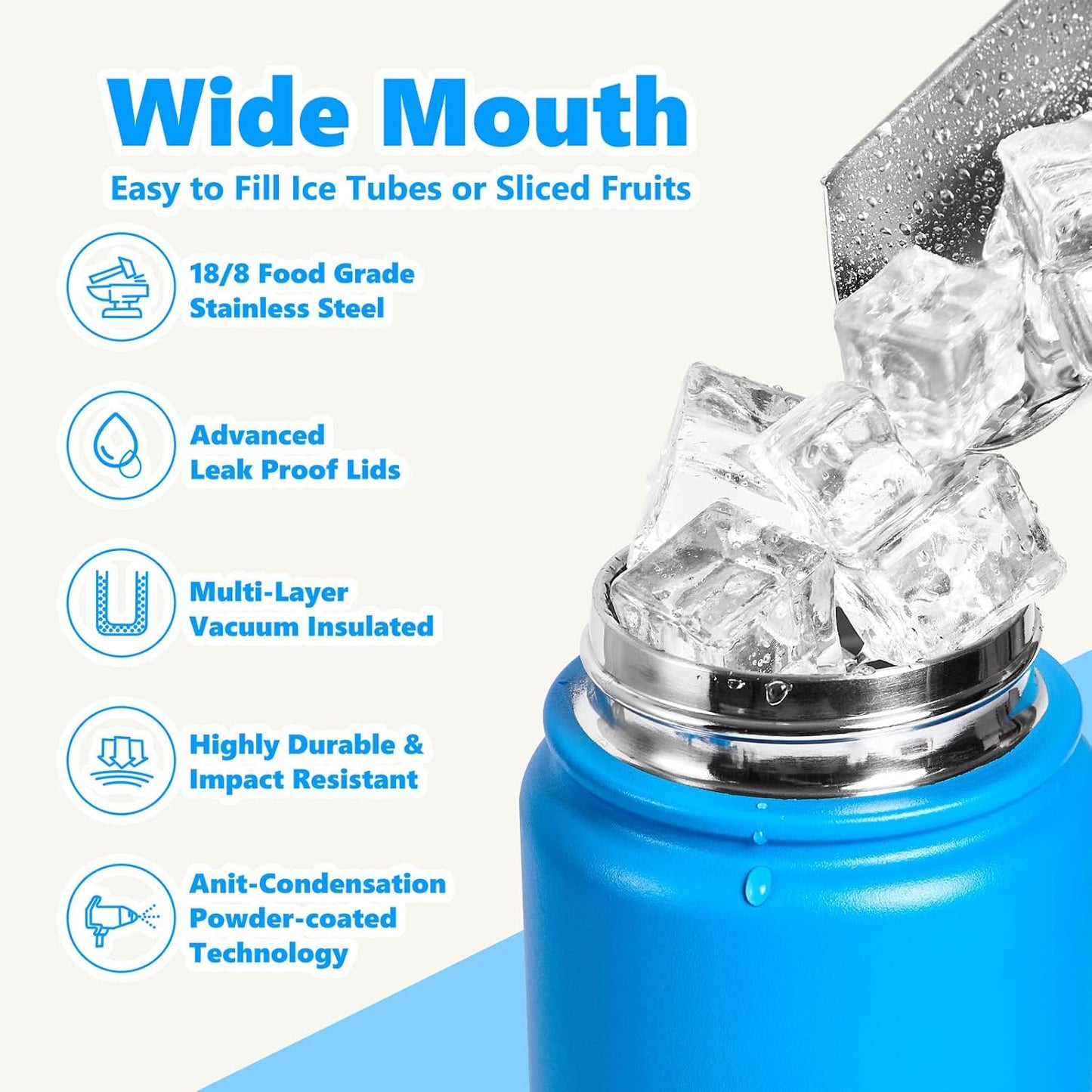 Insulated Water Bottle with Lid & Boot & Stickers, 24 oz Stainless Steel Sweat Free Bottle Keep Cold 24H, BPA-Free Sports Wide Mouth Water Bottle, BlueBlack