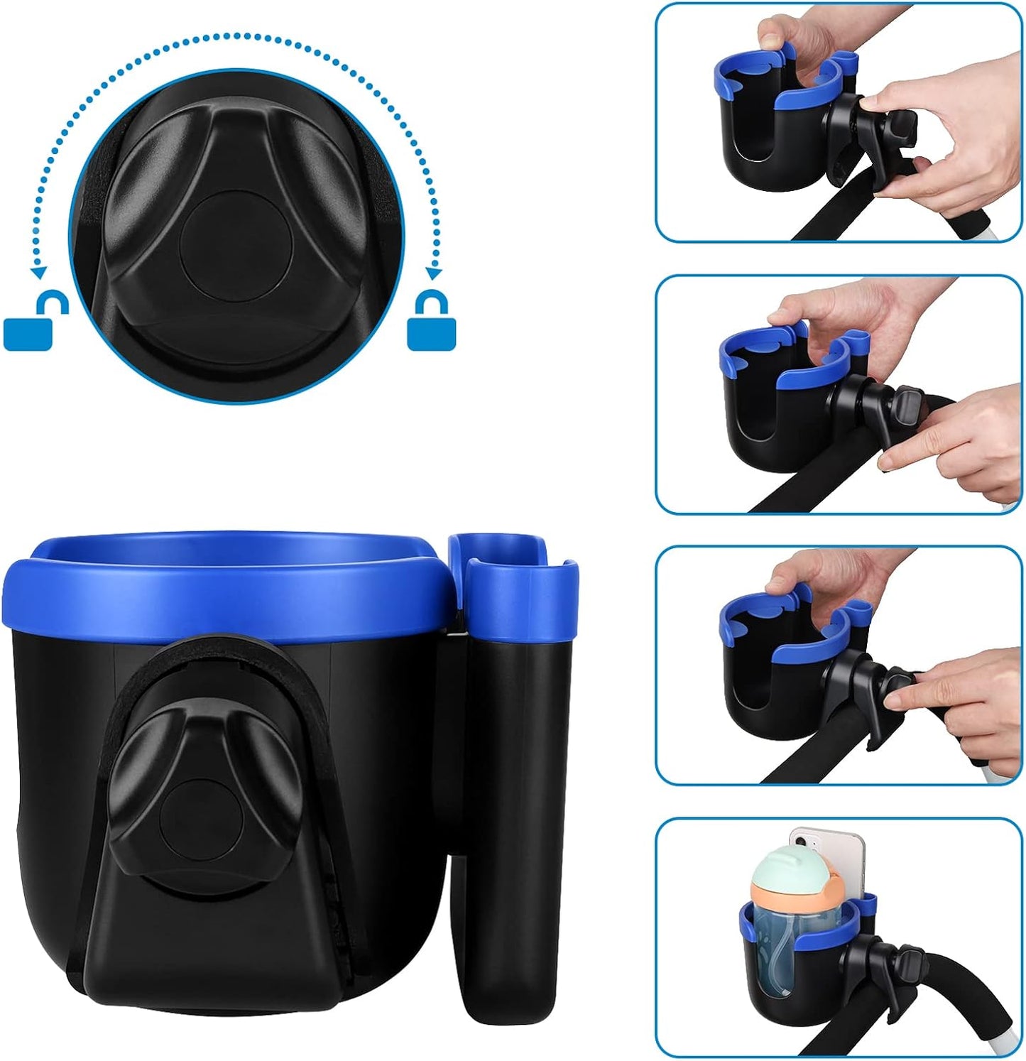Accmor Stroller Cup Holder with Phone Holder, Bike Cup Holder, Universal Cup Holder for Uppababy Nuna Doona Strollers, 2-in-1 Cup Holder for Walker, Wheelchair, Scooter - Colors A