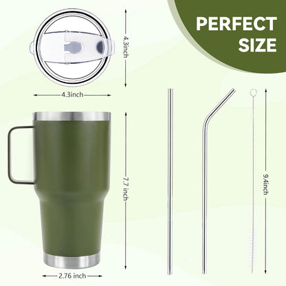 30 oz Tumbler With Handle, Double Wall Stainless Steel Vacuum Insulated Travel Mug with Splash-Proof Lid Metal Straw and Brush (Cream)