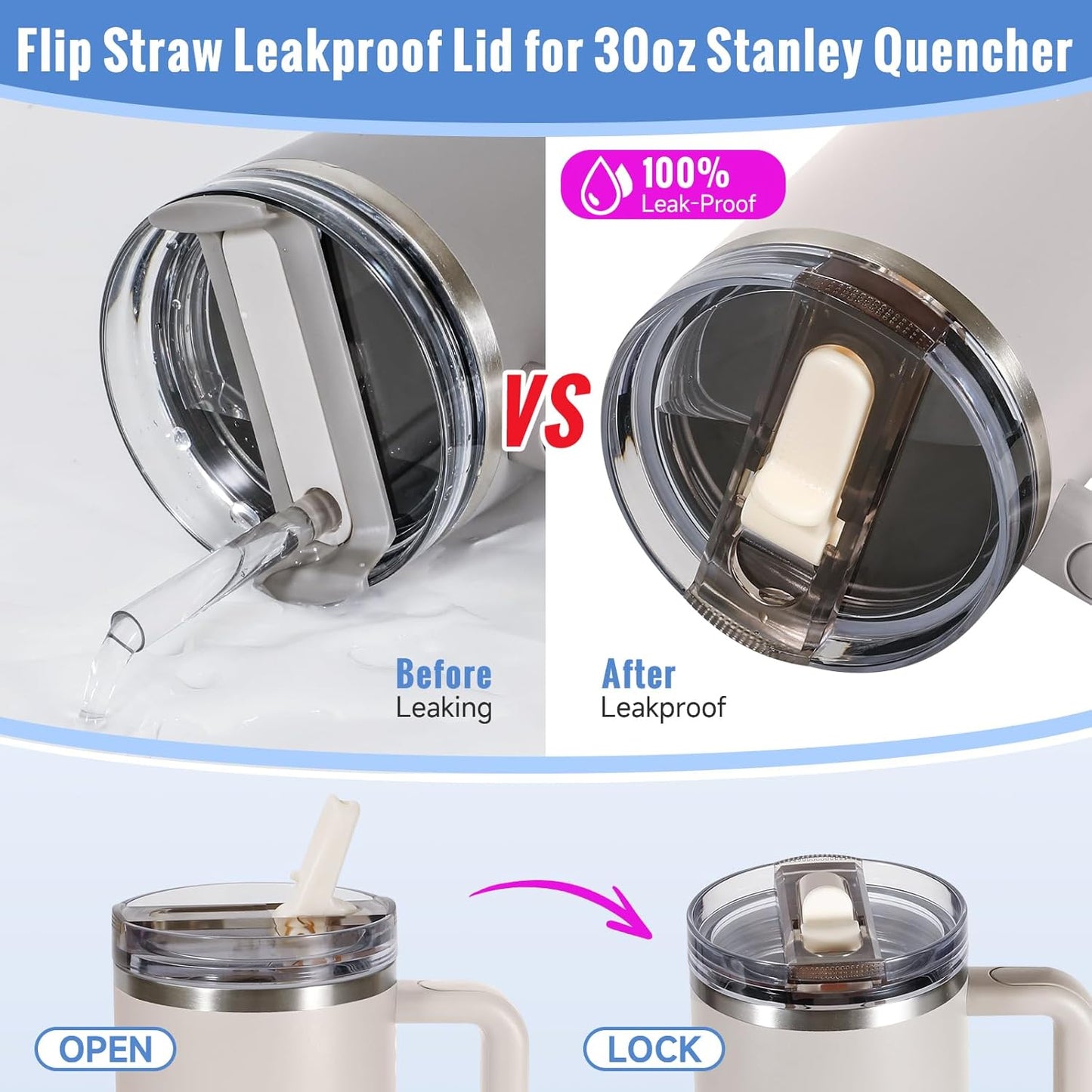 30oz Flip Straw Lid for Stanley Quencher H2.0 Tumbler, 2 Pack Leak Proof Lid Replacement No Spill Cover for Stanley Cup Accessories ProTour (Rose Quartz,Rose Quartz) - Colors A
