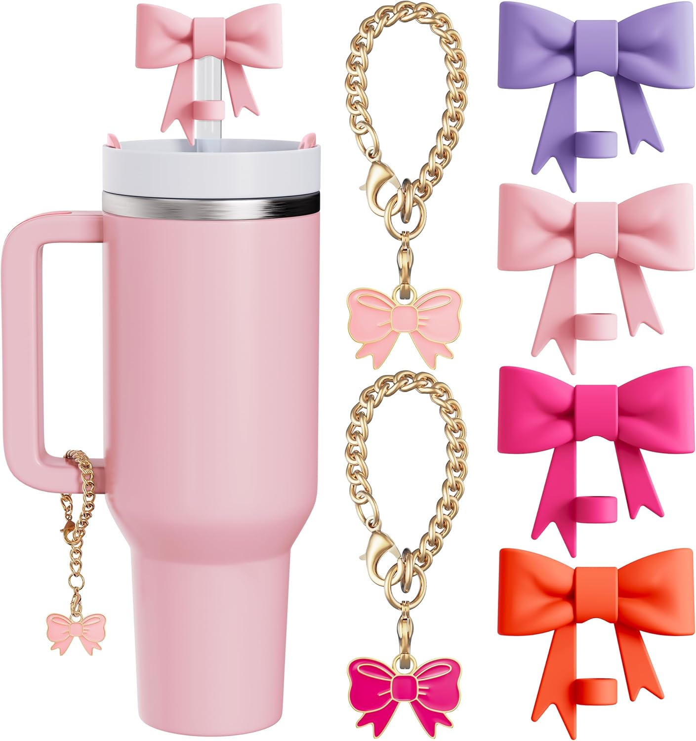 Compatible with Stanley Cup Accessories - 3Pcs 10mm Bow Straw Topper Compatible with Stanley Cup Straw Cover Cap, 2pcs Pink Bow Charms for Stanley 30&40 Oz Tumbler with Handle