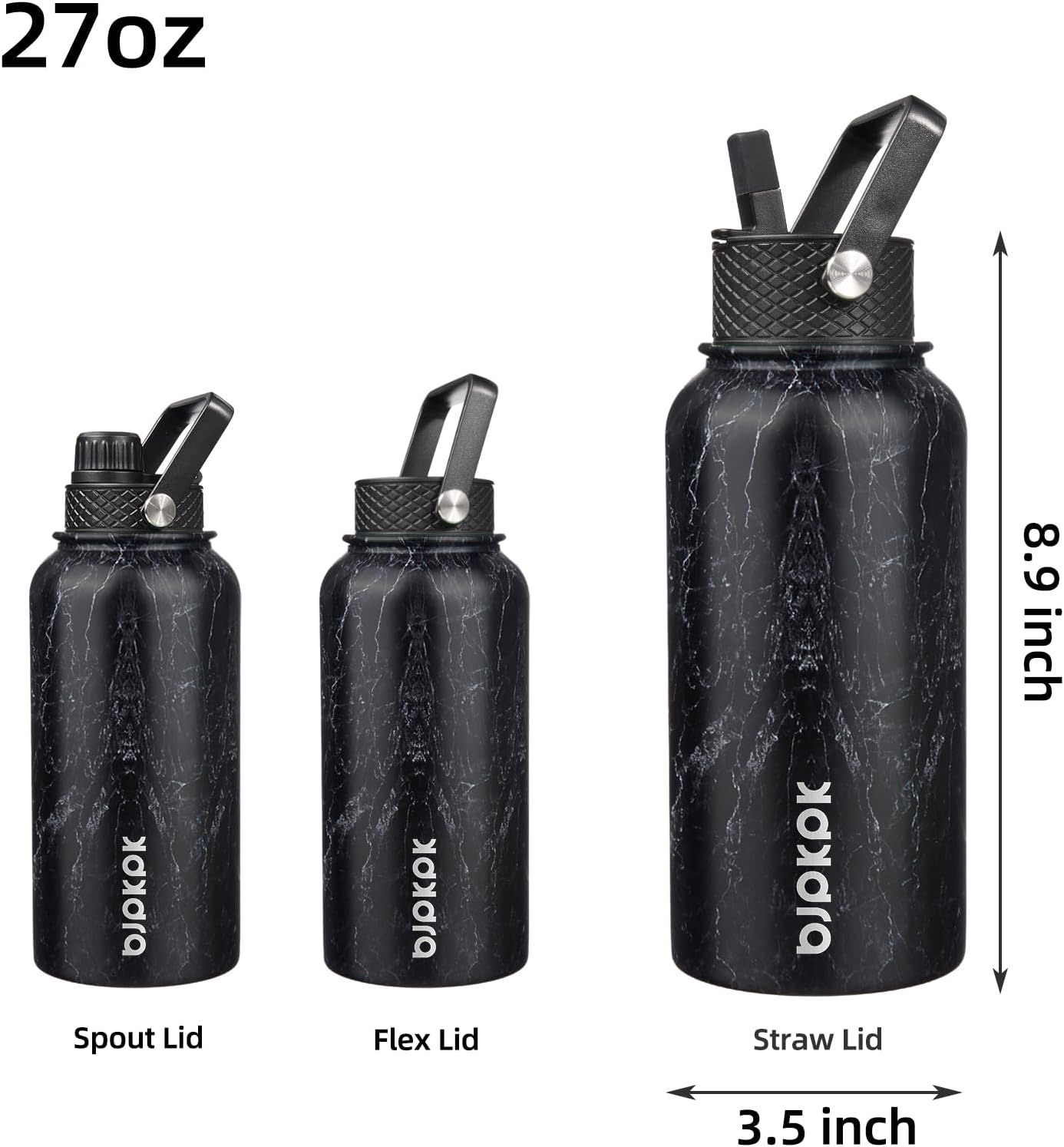 BJPKPK Insulated Water Bottles with Straw Lid, 40oz Stainless Steel Water Bottles with 3 Lids, BPA Free Leakproof Thermo, Tumblers, Cups for Sports, Gym- Midnight - Colors A
