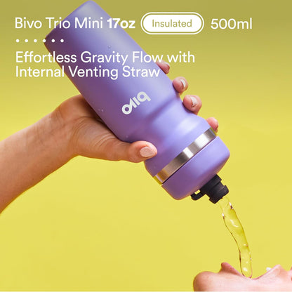 bivo Trio Mini 17oz Insulated Stainless Steel Bike Water Bottle - for Cycling - Compact, Fits Most Cages, Dishwasher Safe, High Flow Sports Nozzle - Keeps Drinks Cold 12+ Hours - (Raw)