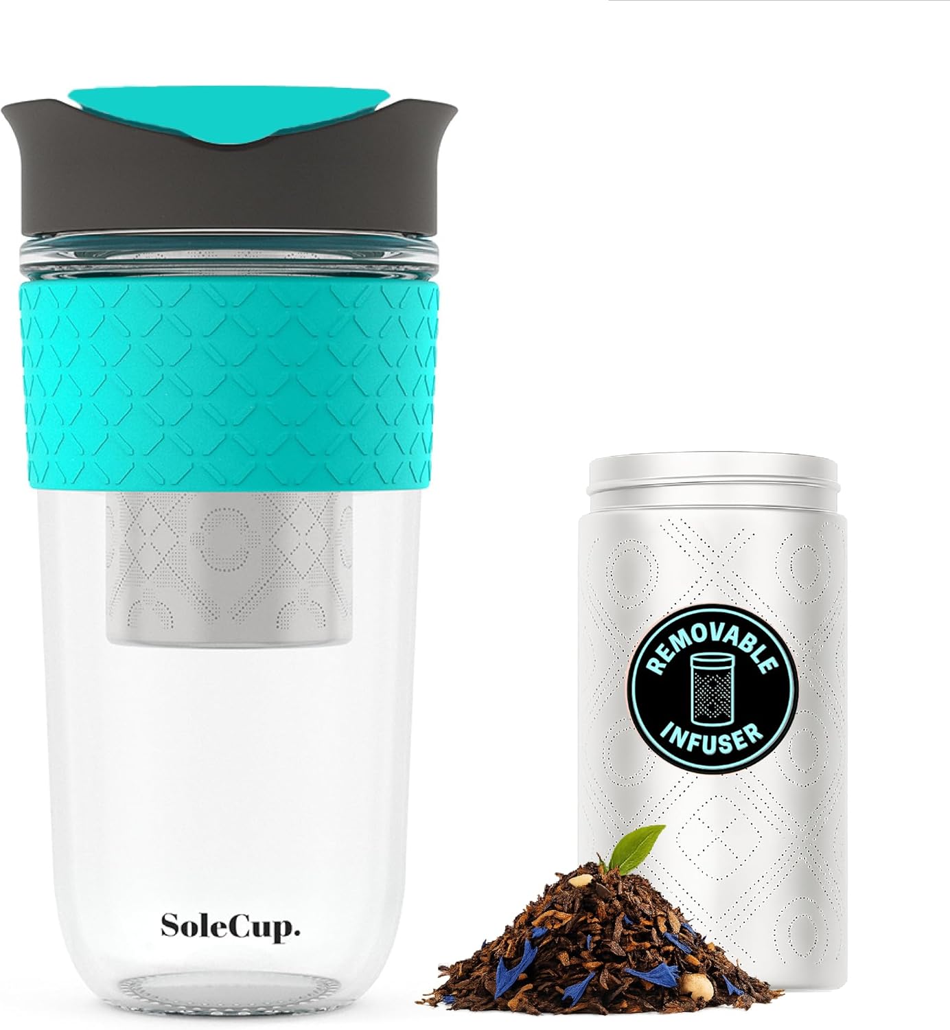 Travel Mug Loose Tea Infuser - Detachable Tea Strainer with Spillproof Lid - BPA-Free Reusable Glass Travel Coffee Cup with Silicone Band (Ice Cream, 12oz)