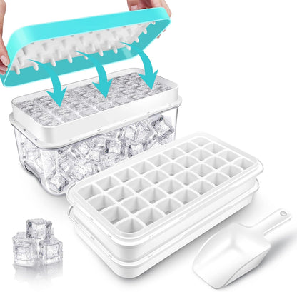 Ice Trays for Freezer with Lid & Bin, Ice Cube Tray Making 64 pcs Ice Cubes, Easy Press to Release Ice, Ice Tray with Storage Bin Chilling Cocktail Whiskey Coffee 2 Trays 1 Ice Bucket & Scoop (Black)