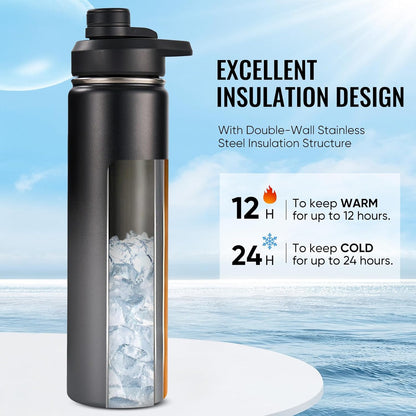 Fijinhom 24 oz Insulated Water Bottle with Handle, 304 Stainless Steel Water Bottles with Wide Mouth, Double Wall Vacuum Sports Water Bottle, BPA Free, Keep Cold and Hot, Black | with Handle
