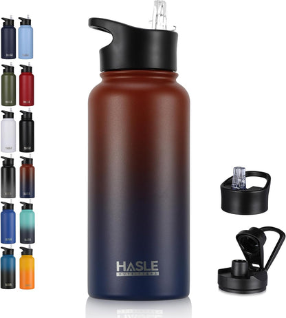 HASLE OUTFITTERS 32 oz Insulated Water Bottle Stainless Steel Double Walled Vacuum Sports Water Bottle with 2 Lids (Straw and Spout Lid) for Gym Camping Hiking(Black,1)