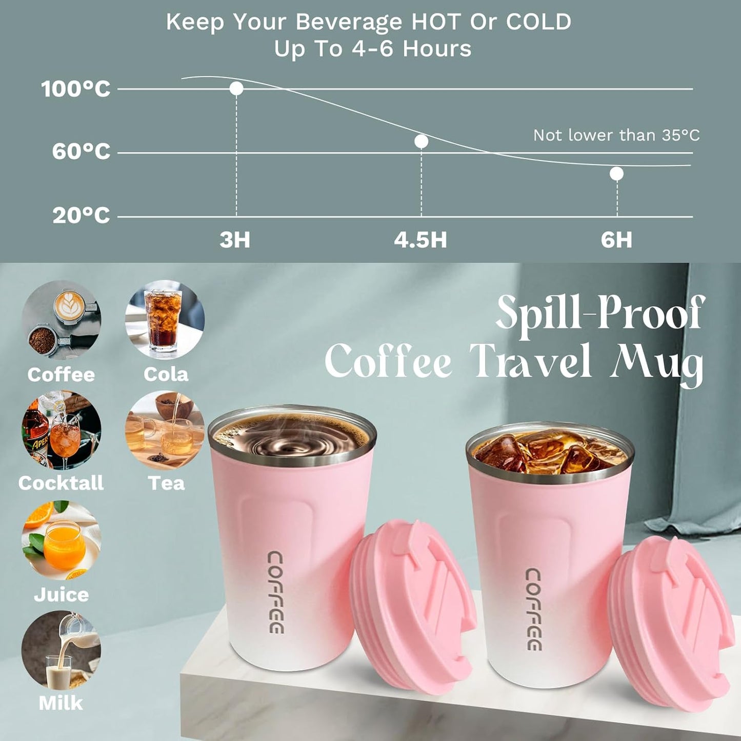 YINBAOGE Insulated Travel Coffee Mug, Spill & Leak Proof, Portable To Go Camping Stainless Steel Coffee Tumbler, Reusable Thermal Coffee Cup with Lid for Hot & Cold Drinks (Black, 12 OZ)
