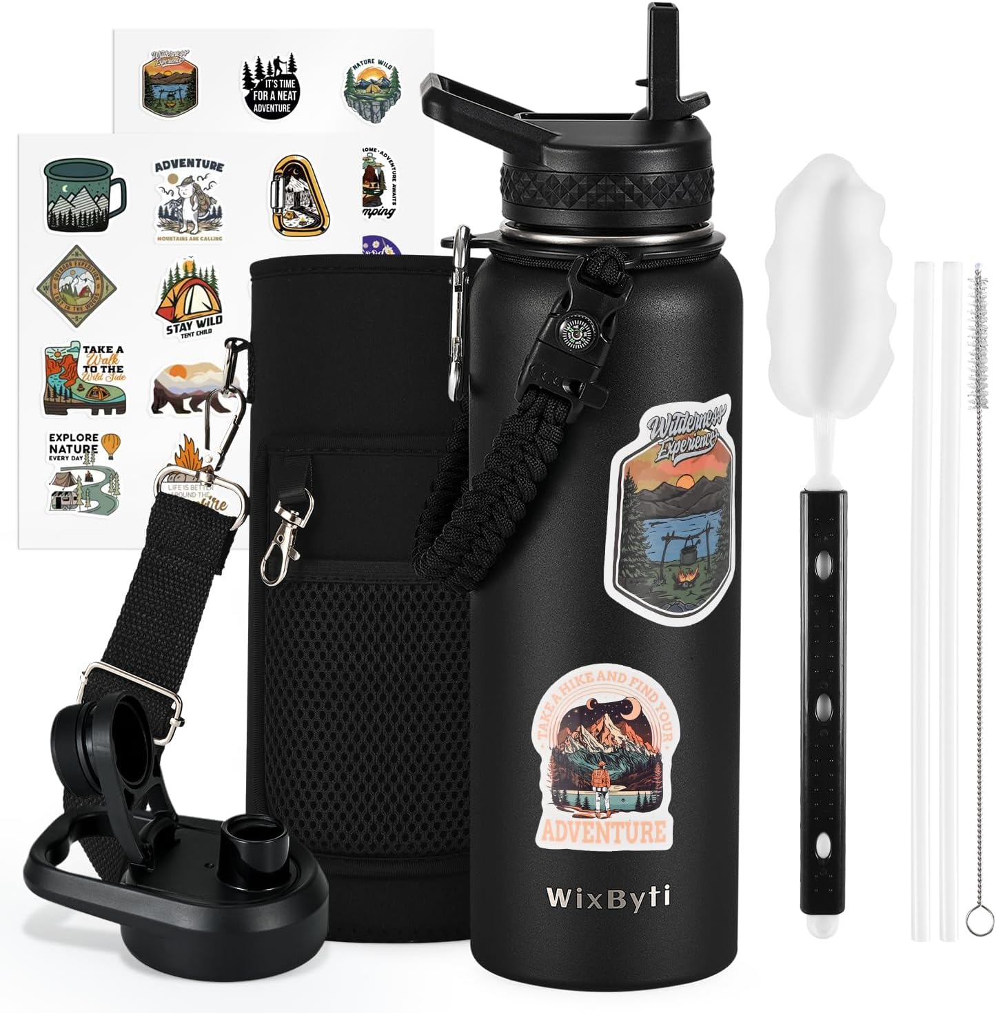 WixByti 40 oz Insulated Water Bottle with Straw (Cold for 36 Hrs), Stainless Steel Triple Wall Vacuum Sports Water Jug, Leakproof Hydro Cup Flask with Paracord Handle & Straw Spout Lids & DIY Stickers