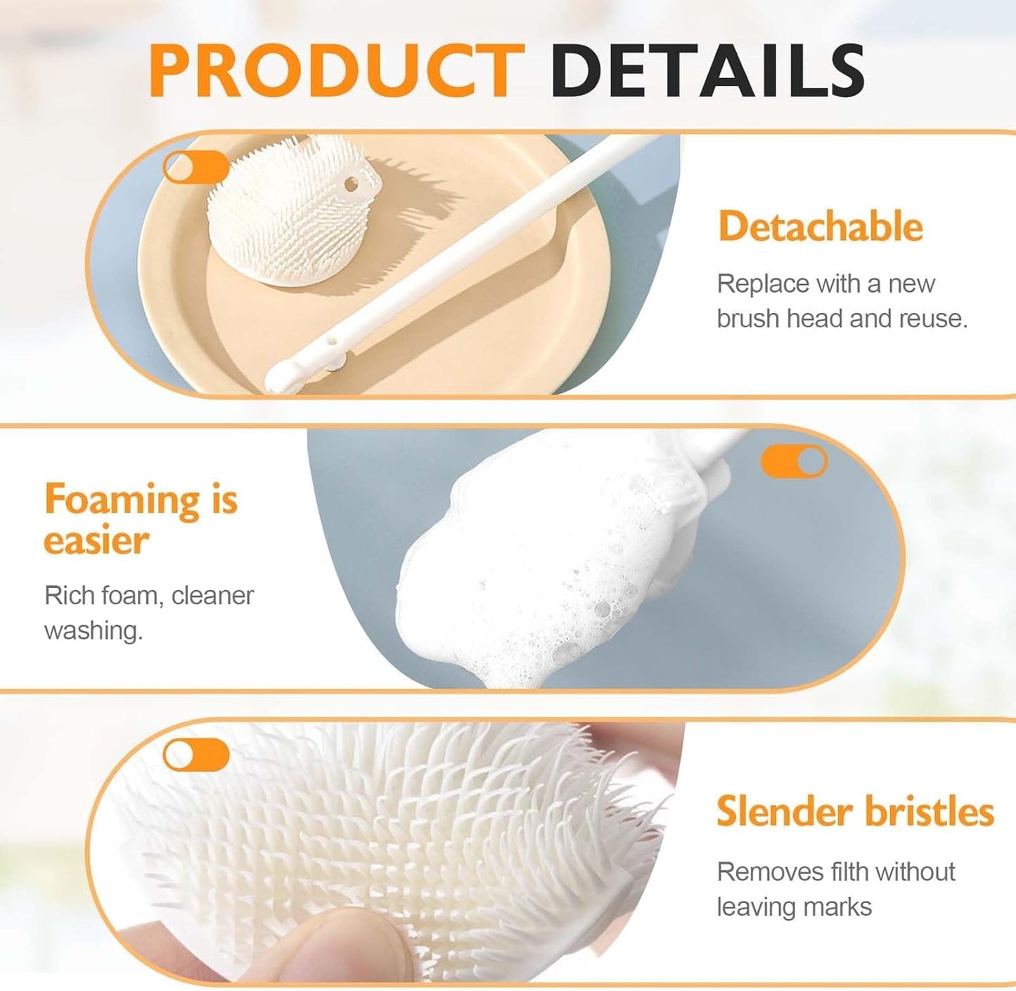 12.4" Silicone Bottle Brush, 3-in-1 Ergonomic Long Handled Cleaning Cup Brush,Water Bottle Cleaner,Deep Cleaning for Baby Bottles,Glassware, Narrow Neck Containers (White)