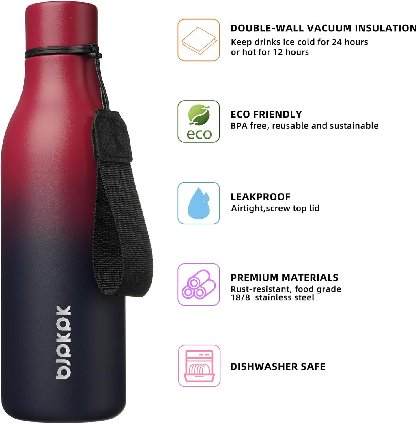 BJPKPK Insulated Water Bottles, 18 oz Stainless Steel Metal Water Bottle with Strap, BPA Free Leak Proof Jugs, Mugs, Flasks, Reusable Thermal Flasks for Sports & Travel, Black - Colors A