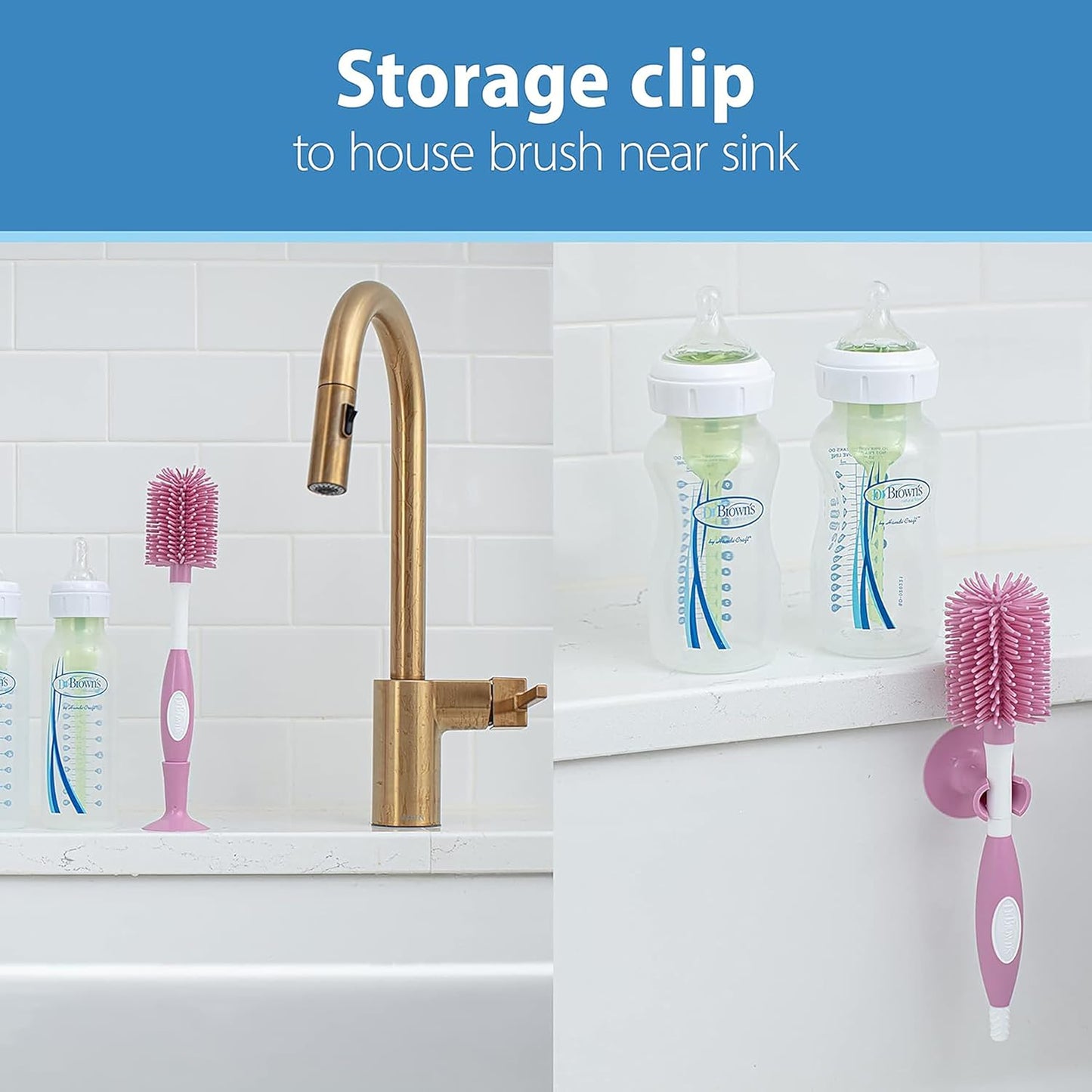 Dr. Brown's Soft Touch No Scratch Baby Bottle Cleaning Brush Nipple Cleaner with Stand and Storage Clip, BPA Free, Blue 1-Pack