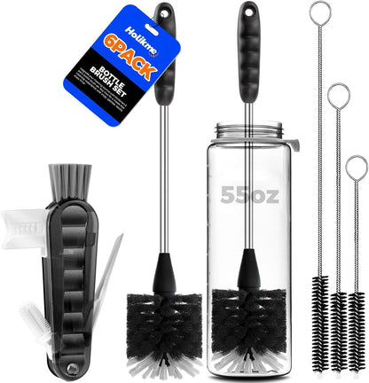 Holikme 6 Pack Bottle Brush Set, 14" Long Handle Stainless Steel Bottle Cleaner Brush, 3 Straw Brushes, 4-in-1 Bottle Cleaning Brush for Water Bottle, Antistatic Lab Brushes Straws, Black