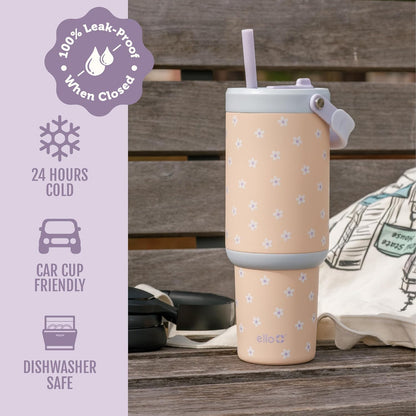 Ello Oasis Go+ 26oz Tumbler with Top Handle and Retracting Straw | Reusable Insulated Stainless Steel Cup, 100% Leakproof Water Bottle, 24 Hours Cold, Cup Holder Friendly For Travel | Wild Rasberry