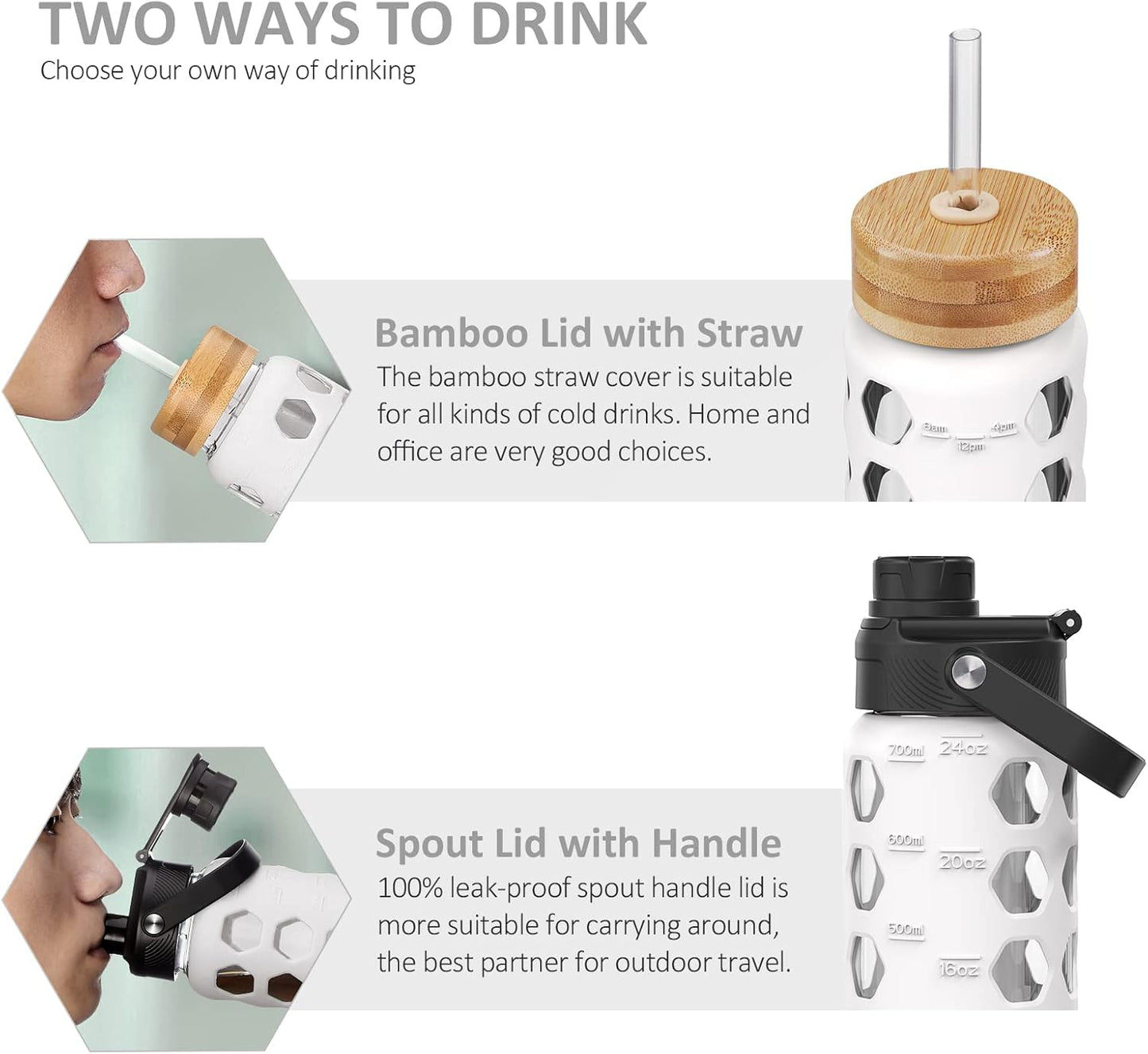 MUKOKO Glass Water Bottles, 32oz Glass Tumbler with Straw, Drinking Bottles with 2 Lids-Handle Spout Lid&Bamboo Straw Lid, Motivational Water Bottle with Time Marker and Silicone Sleeve, 1 Pack-Olive