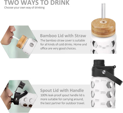 MUKOKO Glass Water Bottles, 32oz Glass Tumbler with Straw, Drinking Bottles with 2 Lids-Handle Spout Lid&Bamboo Straw Lid, Motivational Water Bottle with Time Marker and Silicone Sleeve, 1 Pack-Olive