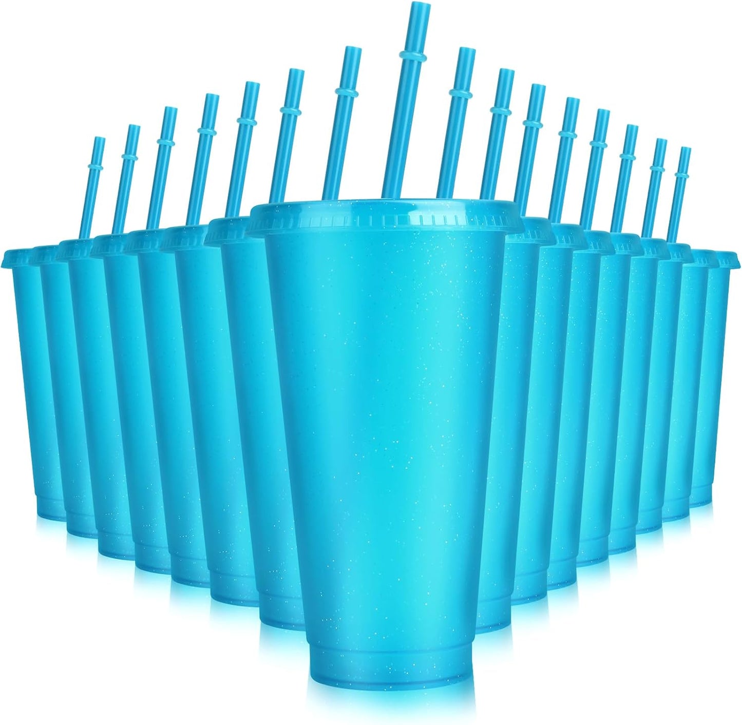 Hxezoc 16-Piece Reusable Cups with Lids and Straws, 24 oz Glitter Plastic Tumbler Iced Coffee Cups Travel Mug Cup for Smoothie Juices Beach or Bachelor Party (Black)