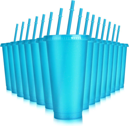 Hxezoc 16-Piece Reusable Cups with Lids and Straws, 24 oz Glitter Plastic Tumbler Iced Coffee Cups Travel Mug Cup for Smoothie Juices Beach or Bachelor Party (Black)