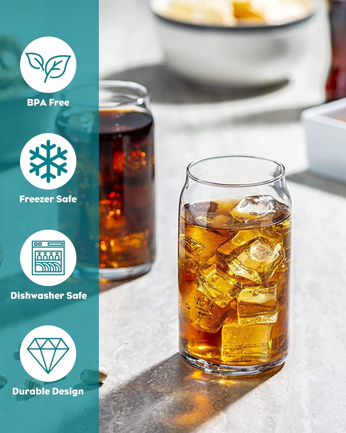 WISIMMALL Drinking Glasses with Bamboo Lids and Glass Straw 2PCS Set, 16oz Glass Cups with Lids and Straws, Beer, Iced Coffee Glasses, Soda, Gift 1 Cleaning Brushes
