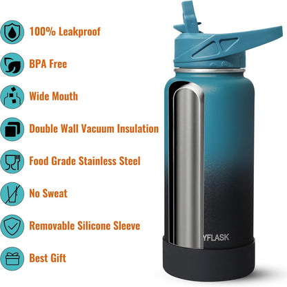 RUBYFLASK 32oz Insulated Water Bottle with Straw, Stainless Steel Metal Vacuum Water Flask, Large Thermal Water bottle with Leakproof 3 Lids for Travel, Camping, Gym Sports Indigo Black