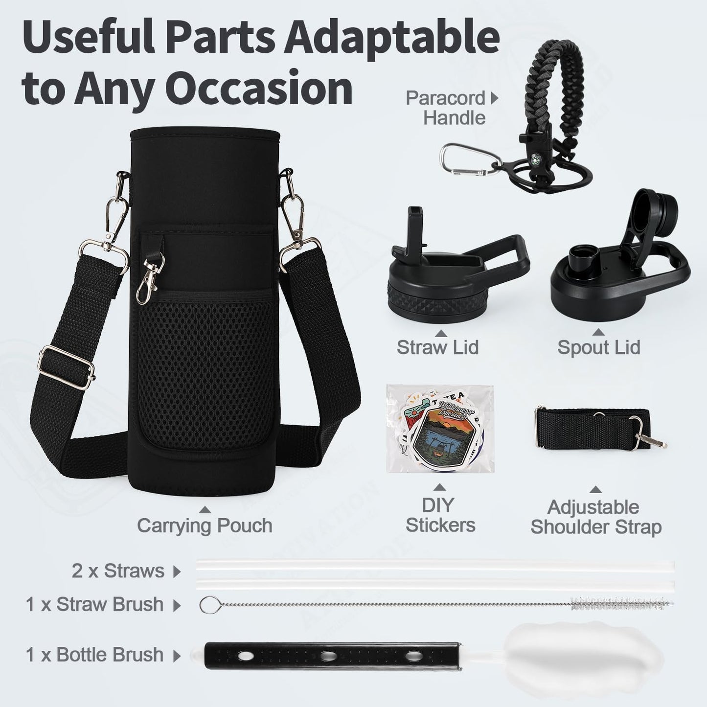 WixByti 40 oz Insulated Water Bottle with Straw (Cold for 36 Hrs), Stainless Steel Triple Wall Vacuum Sports Water Jug, Leakproof Hydro Cup Flask with Paracord Handle & Straw Spout Lids & DIY Stickers