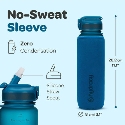 Hydracy Water Bottle with Time Marker -Large BPA Free Water Bottle & No Sweat Sleeve -Leak Proof Gym Bottle with Times to Drink - Ideal for Fitness Sports & Outdoors