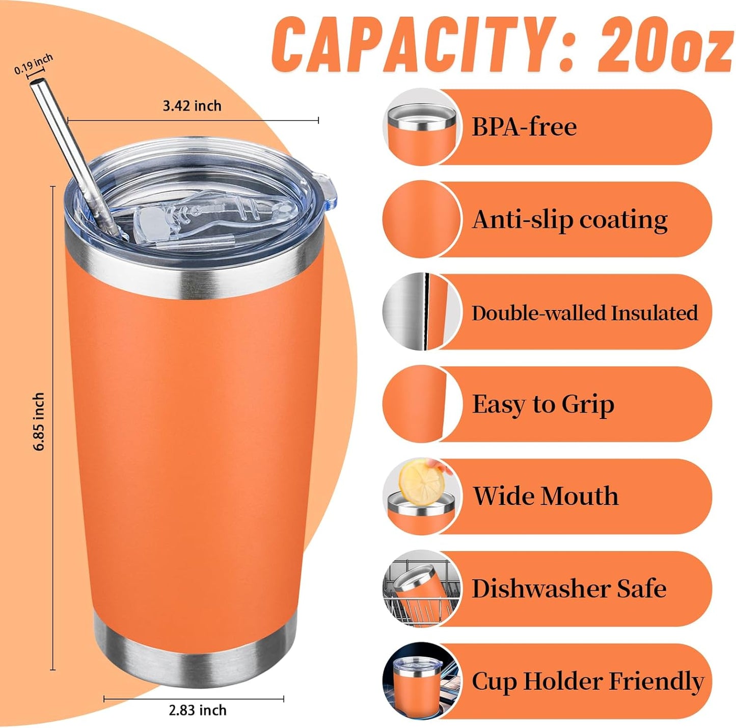 20 oz Tumbler with Lids and Straws, Stainless Steel Insulated Travel Coffee Mug, Double Wall Vacuum Insulated Tumblers, Powder Coated Coffee Tumbler for Cold & Hot Drinks (Light Purple)