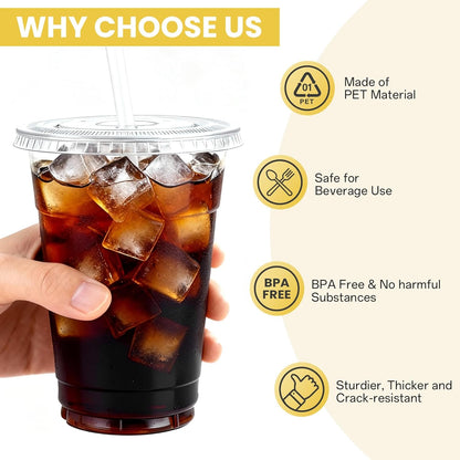 100 Pack 16 oz Plastic Cups with Lids and Straws, Clear Disposable Plastic Cups, Heavy Duty Iced Coffee Cups with Leak-Resistant Lids, Cold Drink Cups for Juice, Coffee and Milk Tea & Party To Go