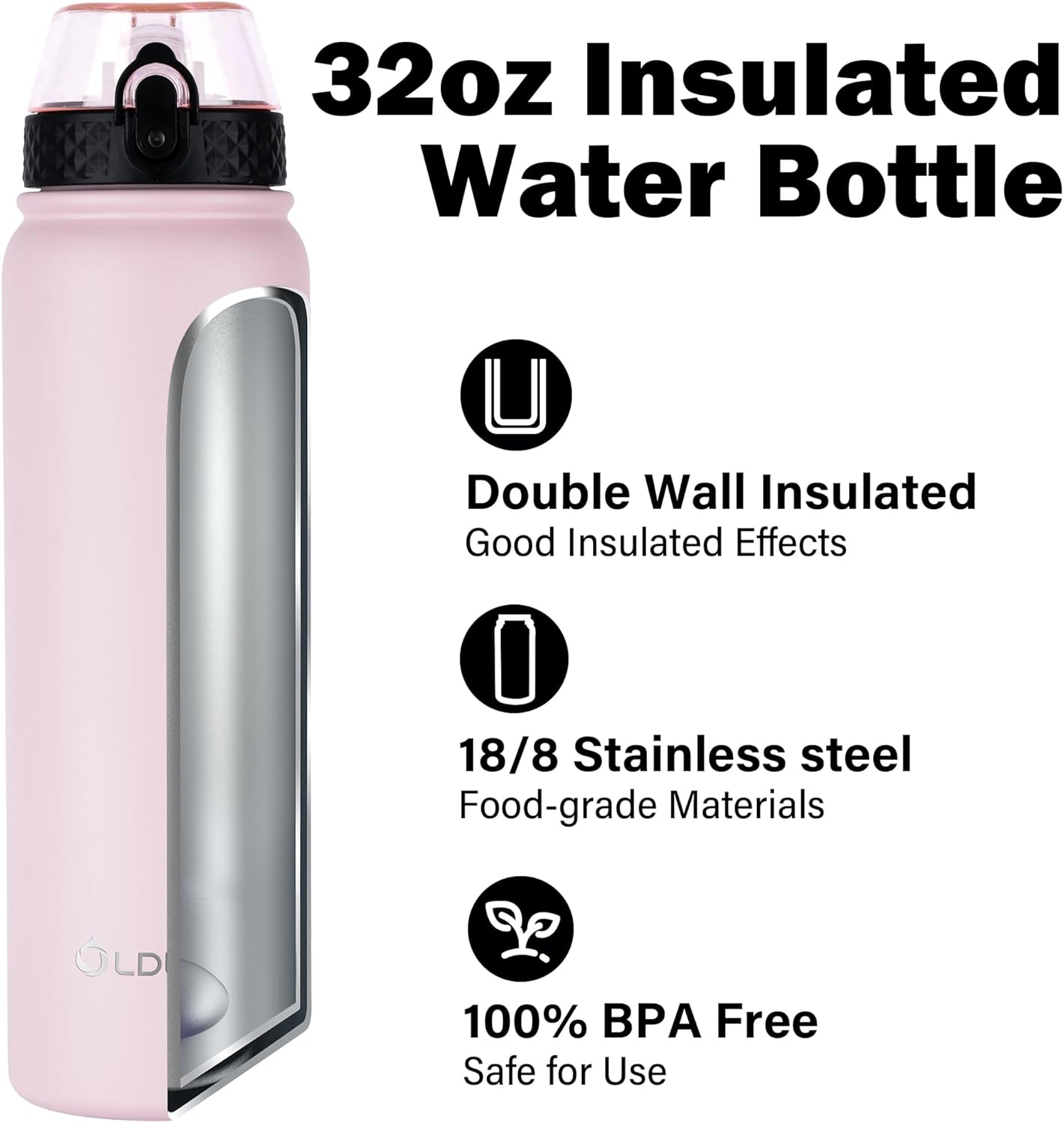 Oldley Insulated Water Bottle 20oz for Adults Kids Stainless Steel Water Bottles with Straw/Chug/Carabiner 3 Lids Fruit Strainer Double Wall Vacuum Wide Mouth BPA Free Leak-Proof for School Travel