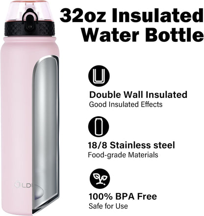 Oldley Insulated Water Bottle 20oz for Adults Kids Stainless Steel Water Bottles with Straw/Chug/Carabiner 3 Lids Fruit Strainer Double Wall Vacuum Wide Mouth BPA Free Leak-Proof for School Travel