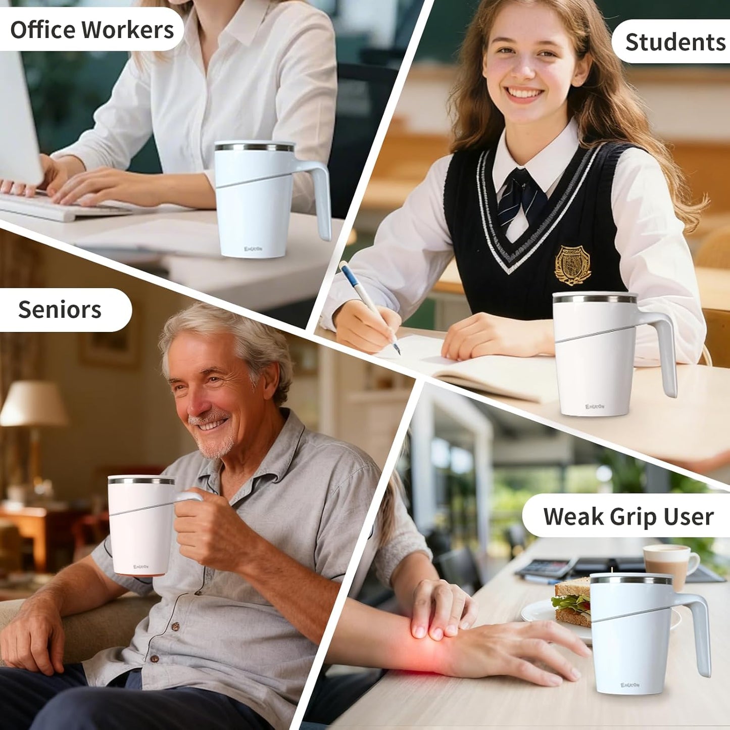 Anti-Impact No-Tip Desk Mug, 470ml / 15.9oz Stainless Steel Vacuum Insulated Mug with Handle, Smart Suction Base, Non-Slip & Knock Proof, Helps Prevent Desk Spills for Coffee, Tea, Kids & Pets (Black)