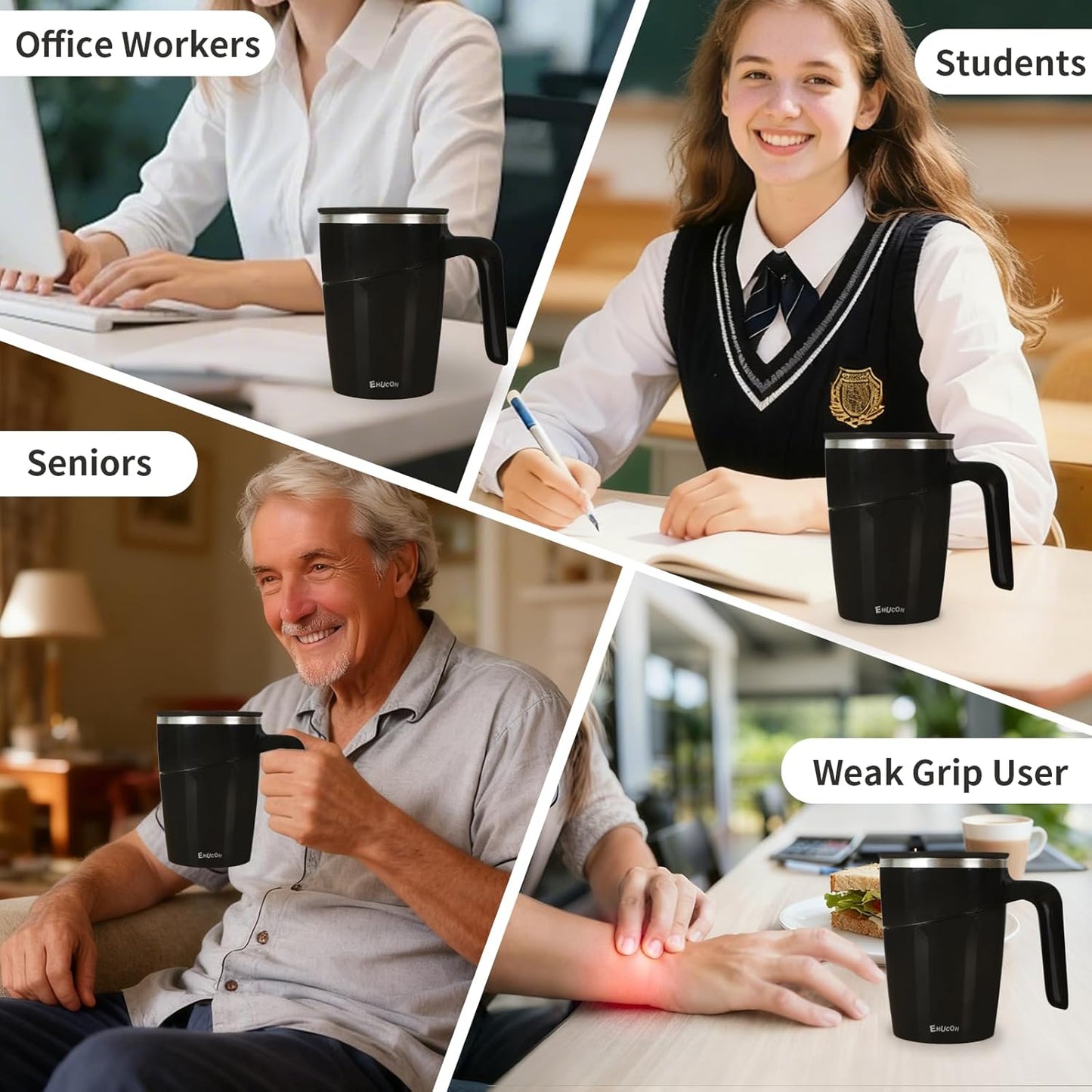 Anti-Impact No-Tip Desk Mug, 470ml / 15.9oz Stainless Steel Vacuum Insulated Mug with Handle, Smart Suction Base, Non-Slip & Knock Proof, Helps Prevent Desk Spills for Coffee, Tea, Kids & Pets (Black)